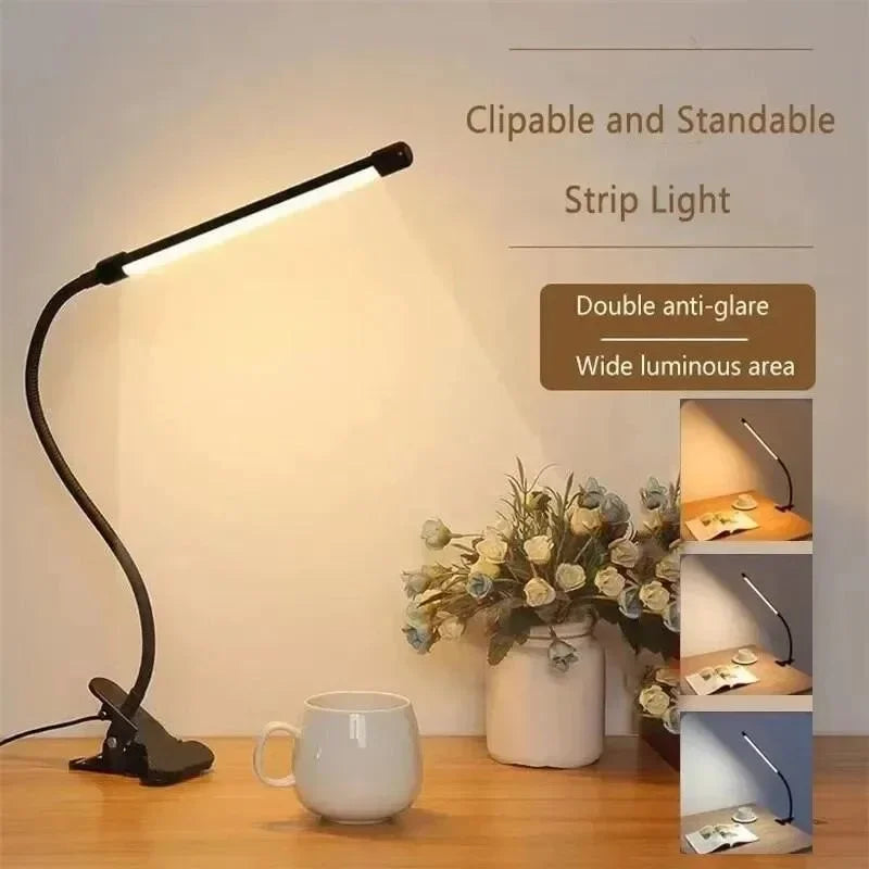 Clip-On LED Lamp with Flexible Gooseneck, 3 Light Modes, 10 Brightness Levels, USB Powered, Dimmable and Eye-Caring