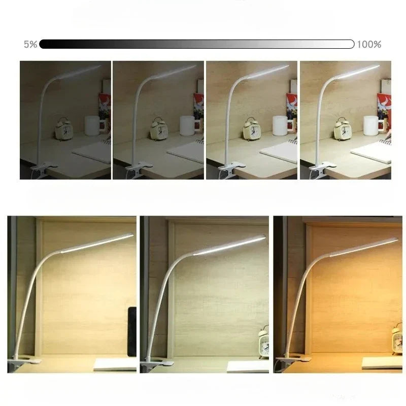 Clip-On LED Lamp with Flexible Gooseneck, 3 Light Modes, 10 Brightness Levels, USB Powered, Dimmable and Eye-Caring