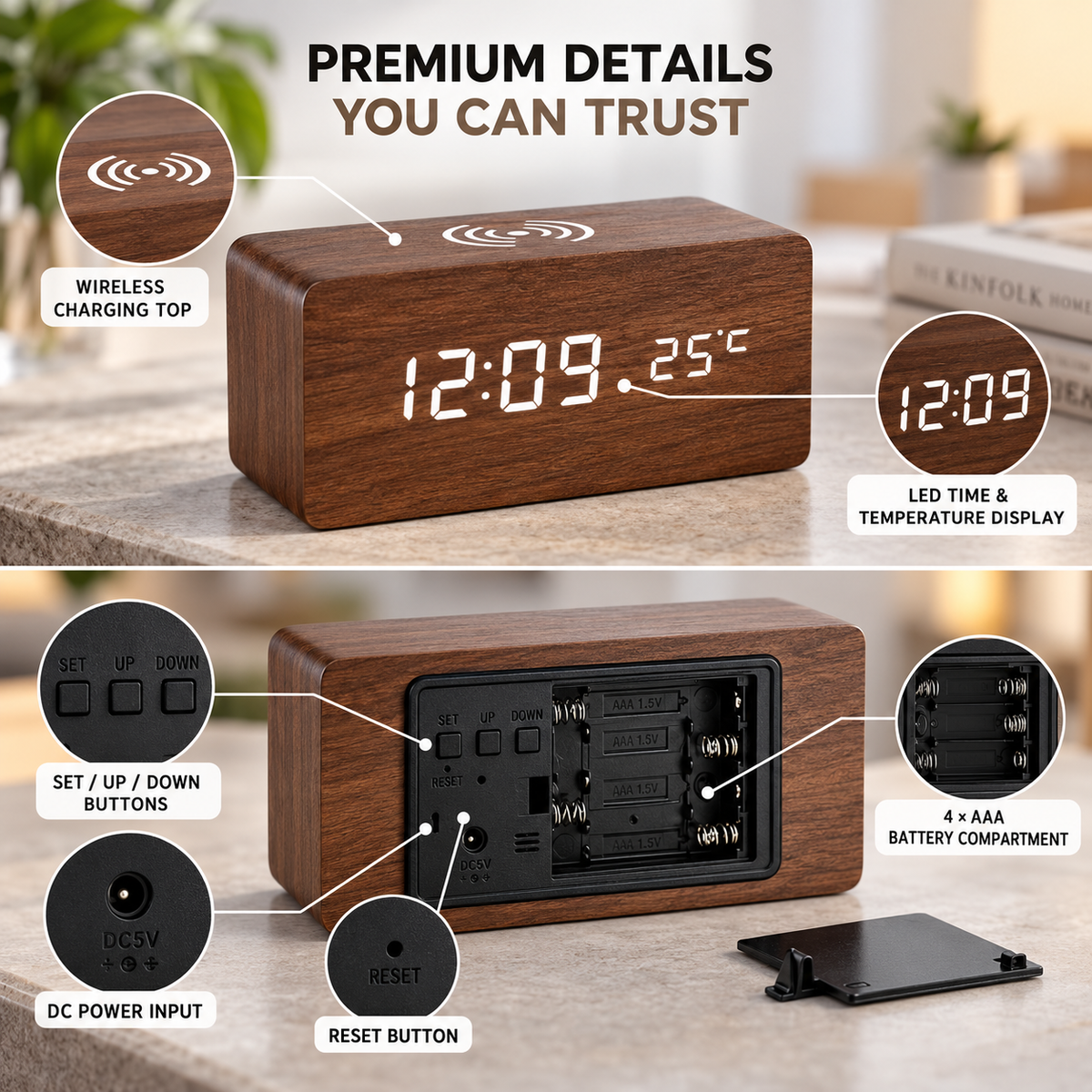 Digital LED Wooden Alarm Clock