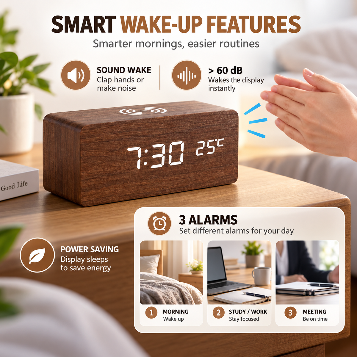 Digital LED Wooden Alarm Clock