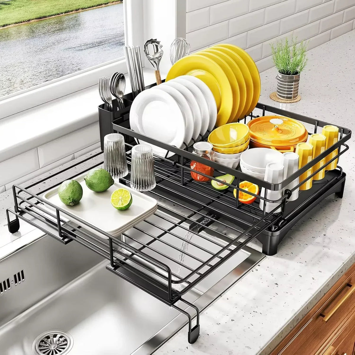 Dish Rack with Drip Tray and Large Cutlery Holder
