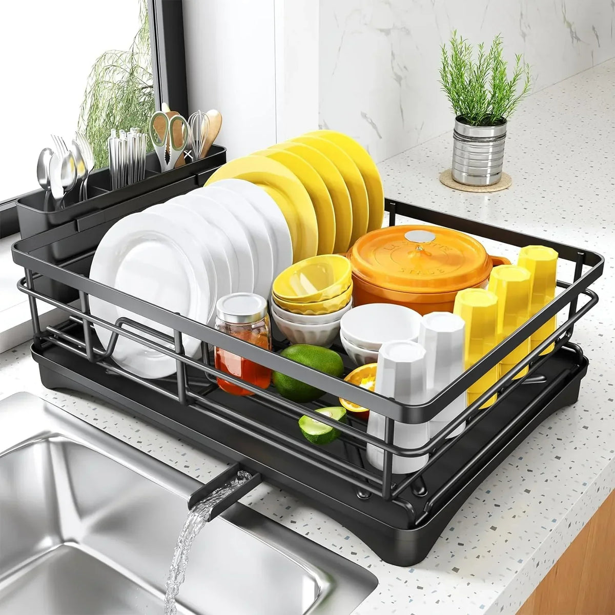 Dish Rack with Drip Tray and Large Cutlery Holder