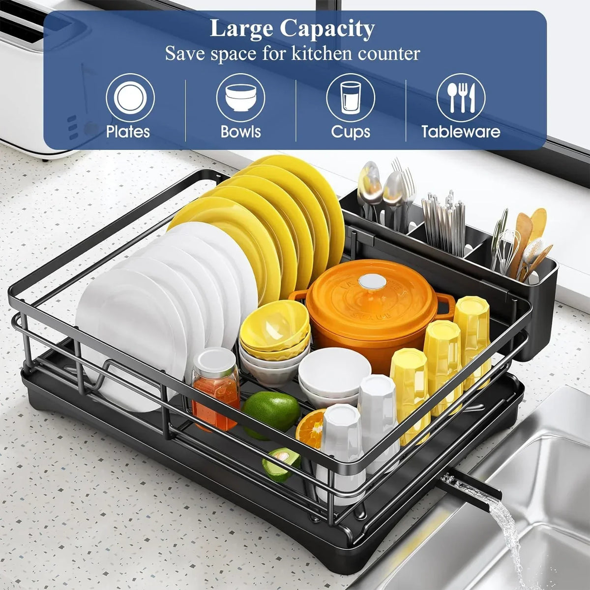 Dish Rack with Drip Tray and Large Cutlery Holder