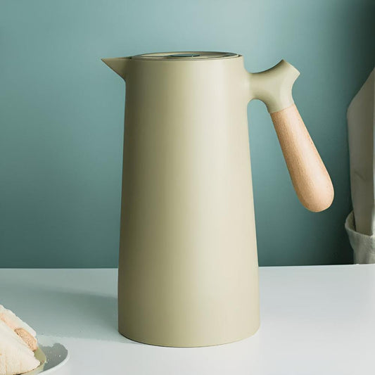 Double-Walled Vacuum Insulated Thermal Carafe with Wooden Handle and Push Button, 1L