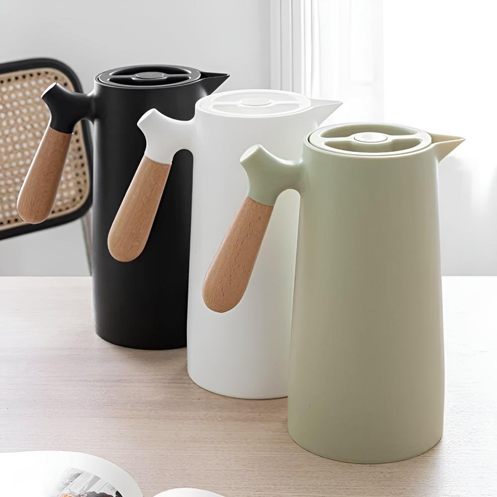 Double-Walled Vacuum Insulated Thermal Carafe with Wooden Handle and Push Button, 1L