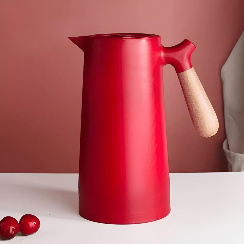 Double-Walled Vacuum Insulated Thermal Carafe with Wooden Handle and Push Button, 1L