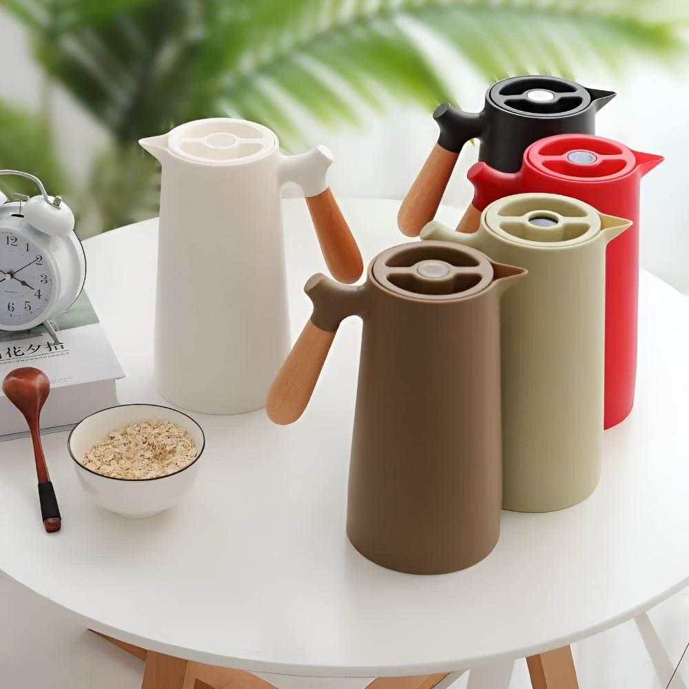 Double-Walled Vacuum Insulated Thermal Carafe with Wooden Handle and Push Button, 1L