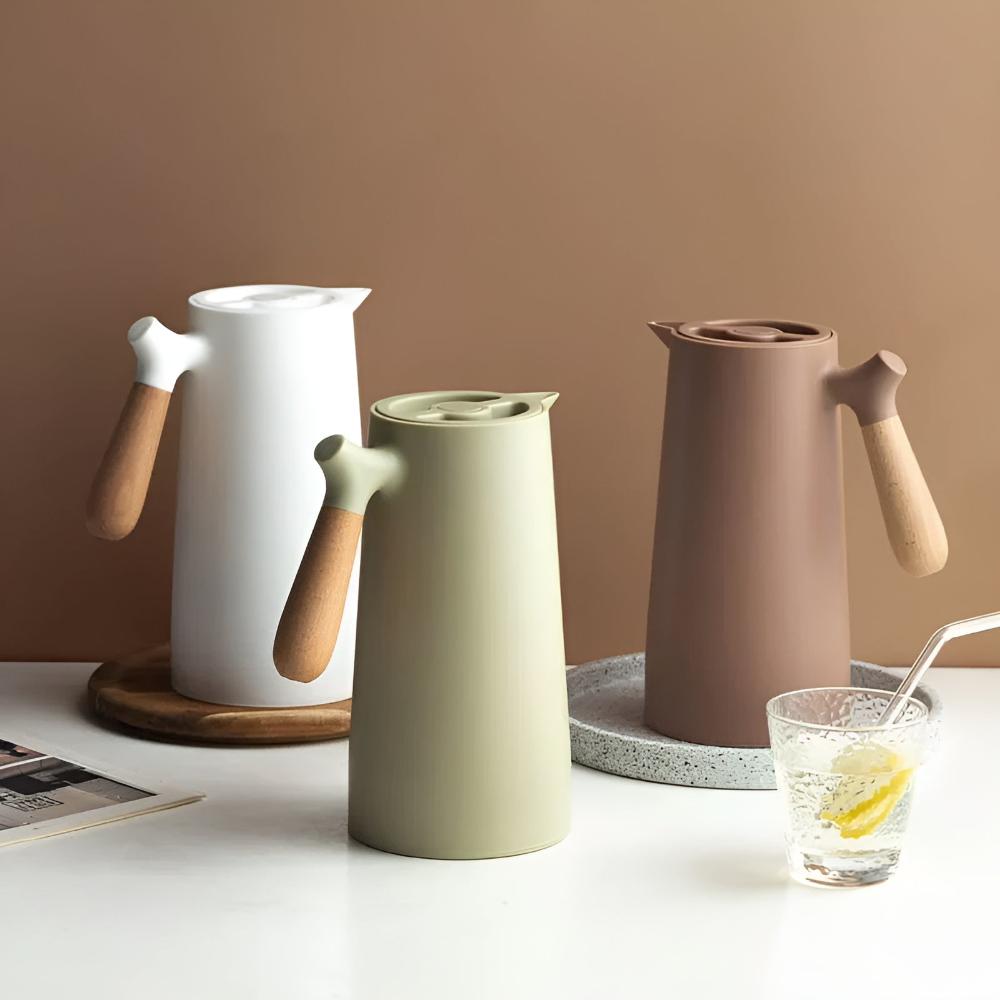 Double-Walled Vacuum Insulated Thermal Carafe with Wooden Handle and Push Button, 1L