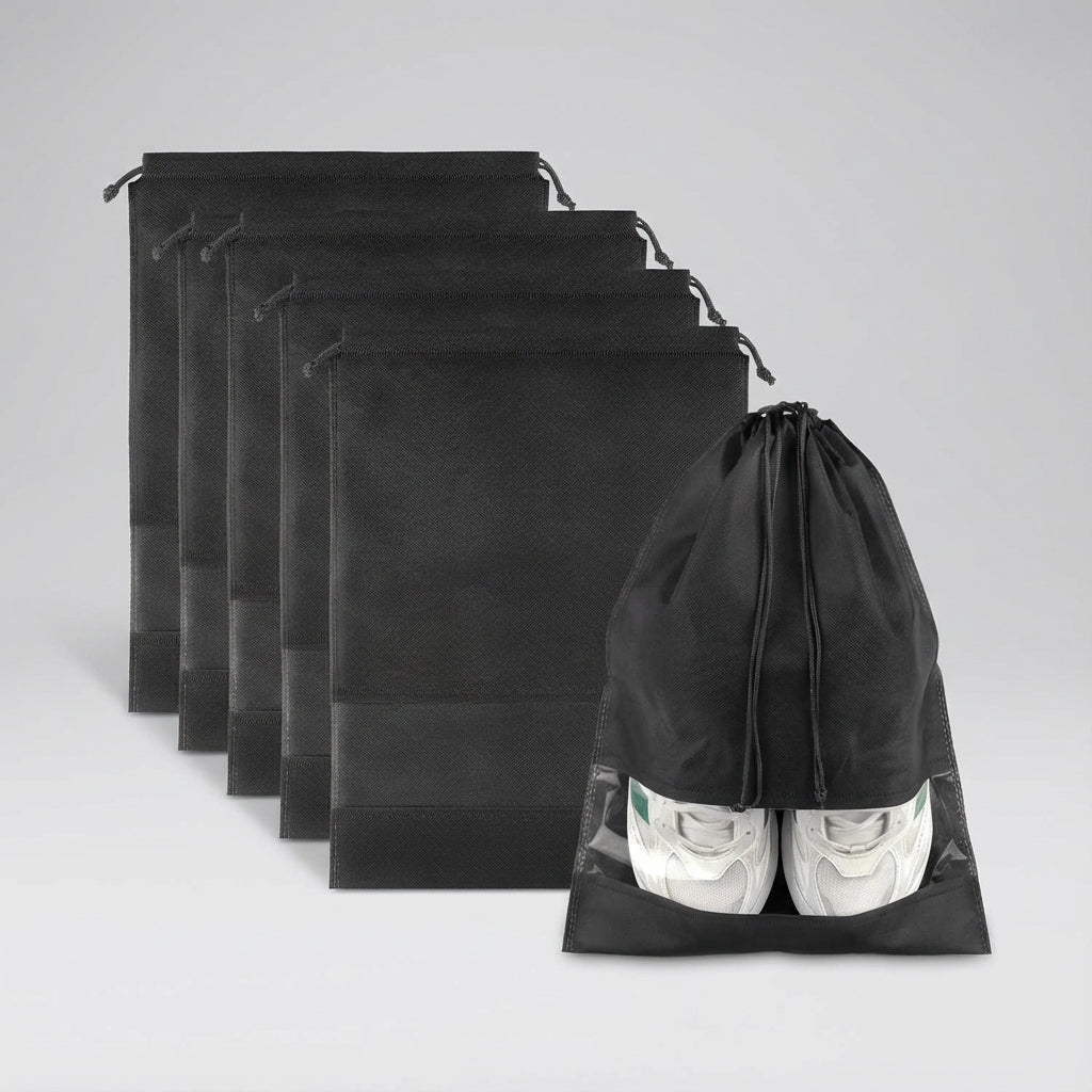 Drawstring Shoe Bags with Transparent Panel – Waterproof and Dustproof Travel Organizer, Set of 5
