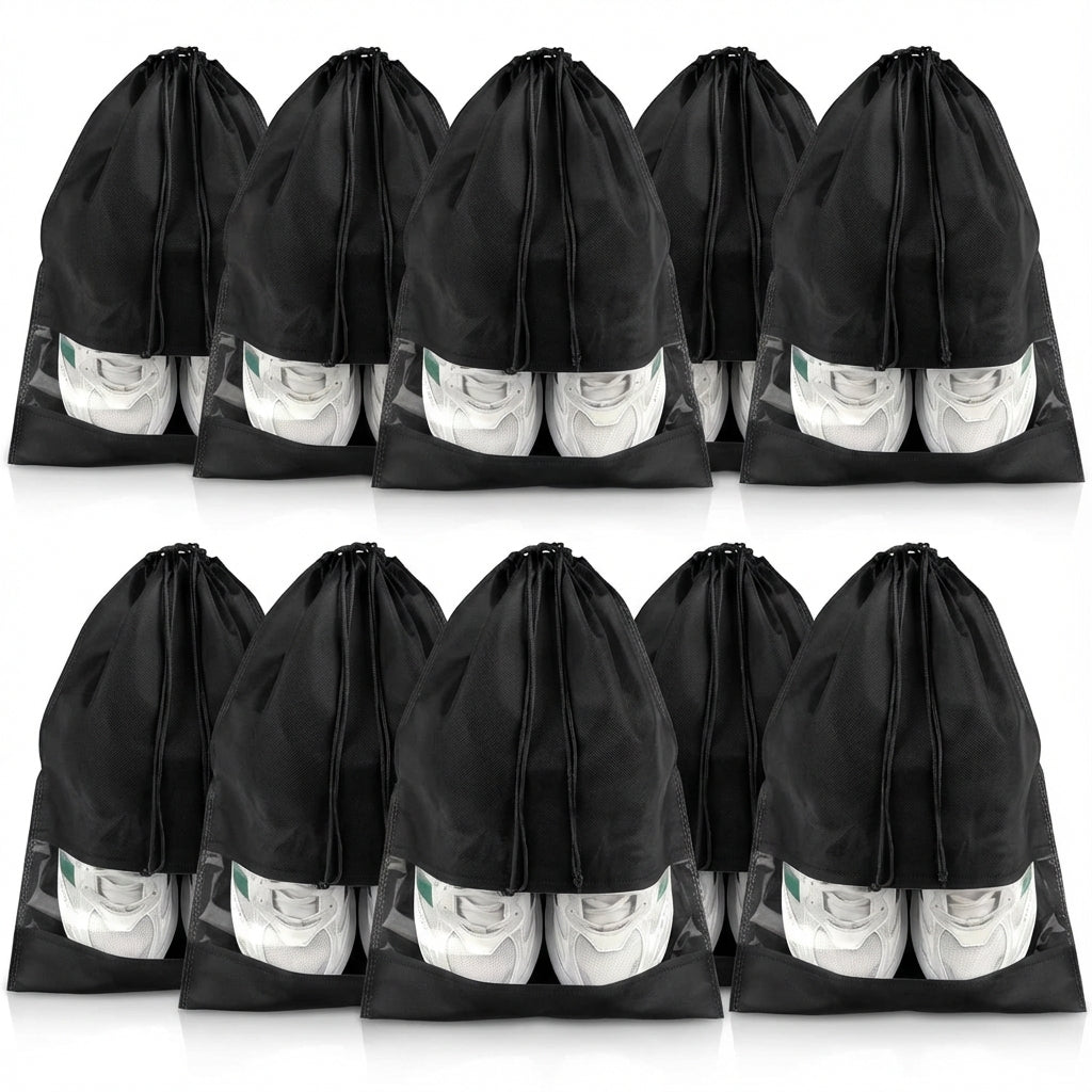 Drawstring Shoe Bags with Transparent Panel – Waterproof and Dustproof Travel Organizer, Set of 5