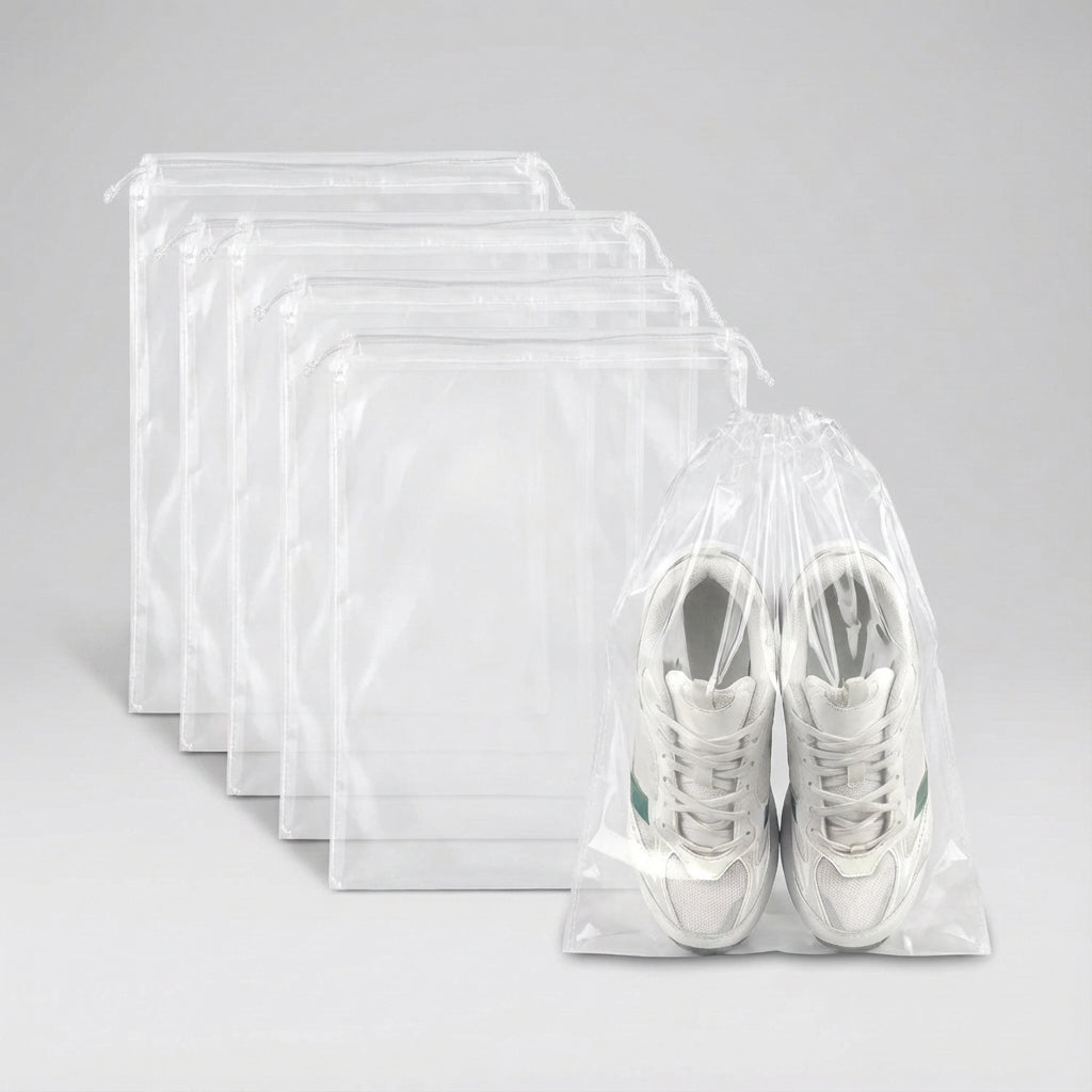 Drawstring Shoe Bags with Transparent Panel – Waterproof and Dustproof Travel Organizer, Set of 5