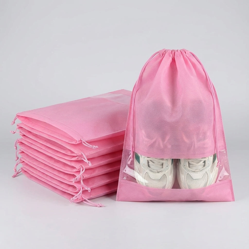 Drawstring Shoe Bags with Transparent Panel – Waterproof and Dustproof Travel Organizer, Set of 5