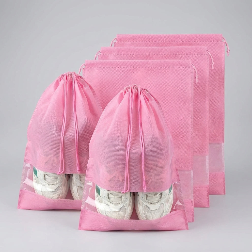 Drawstring Shoe Bags with Transparent Panel – Waterproof and Dustproof Travel Organizer, Set of 5