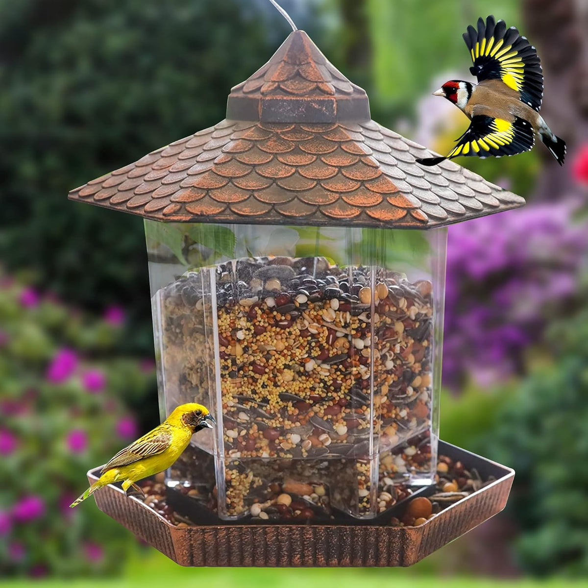 Eco-Friendly Hanging Wild Bird Feeder with Clear Seed Container and Copper Roof