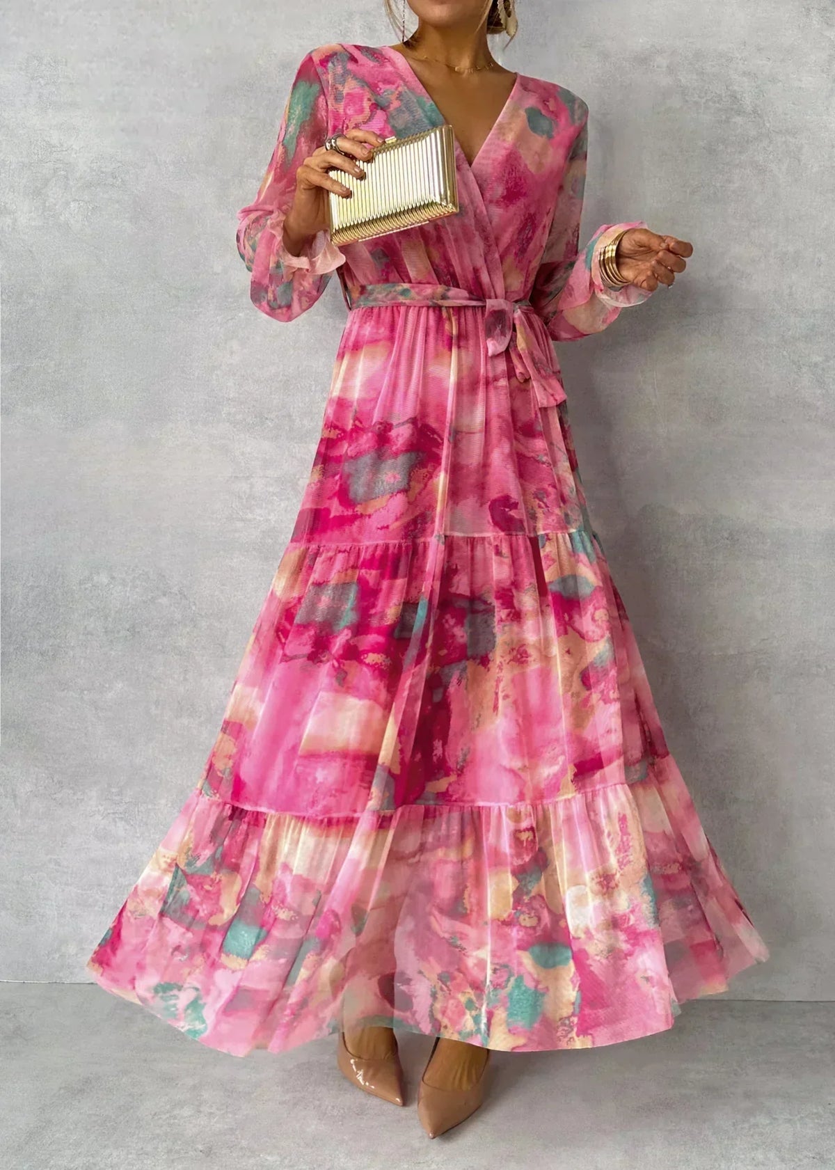 Elegant Long-Sleeved Maxi Wrap Party Dress