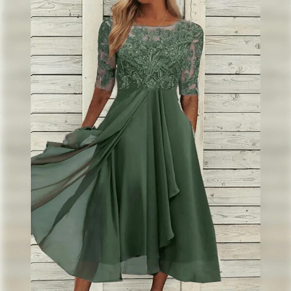 Elegant Midi Dress with Detail and Flowy Skirt for Festive Occasions
