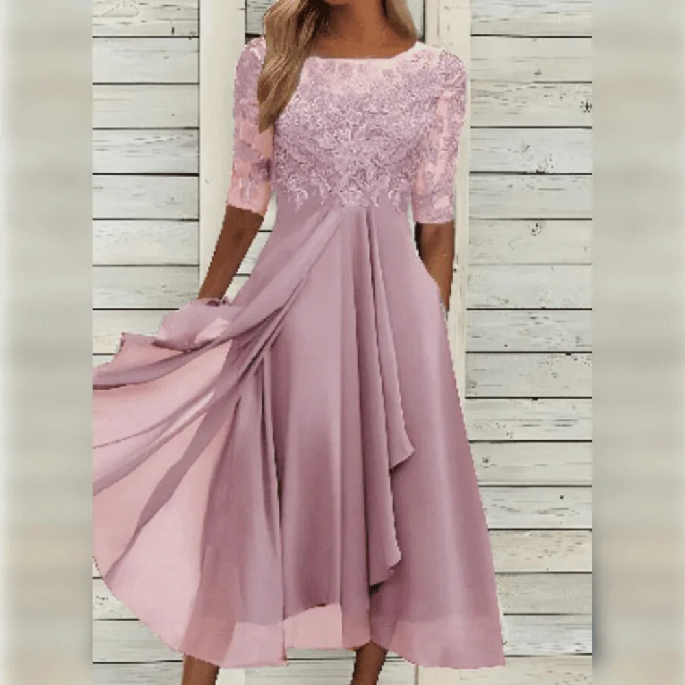 Elegant Midi Dress with Detail and Flowy Skirt for Festive Occasions