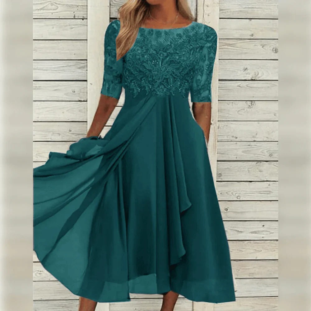 Elegant Midi Dress with Detail and Flowy Skirt for Festive Occasions