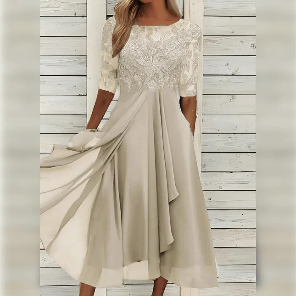 Elegant Midi Dress with Detail and Flowy Skirt for Festive Occasions