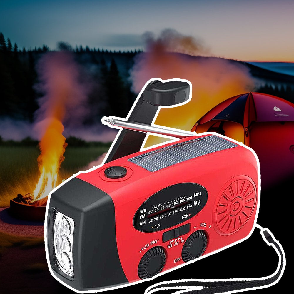 Emergency AM/FM Radio with Built-In Solar Panel, Flashlight, Power Bank & Hand Crank