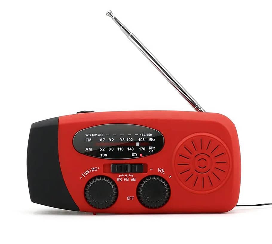 Emergency AM/FM Radio with Built-In Solar Panel, Flashlight, Power Bank & Hand Crank