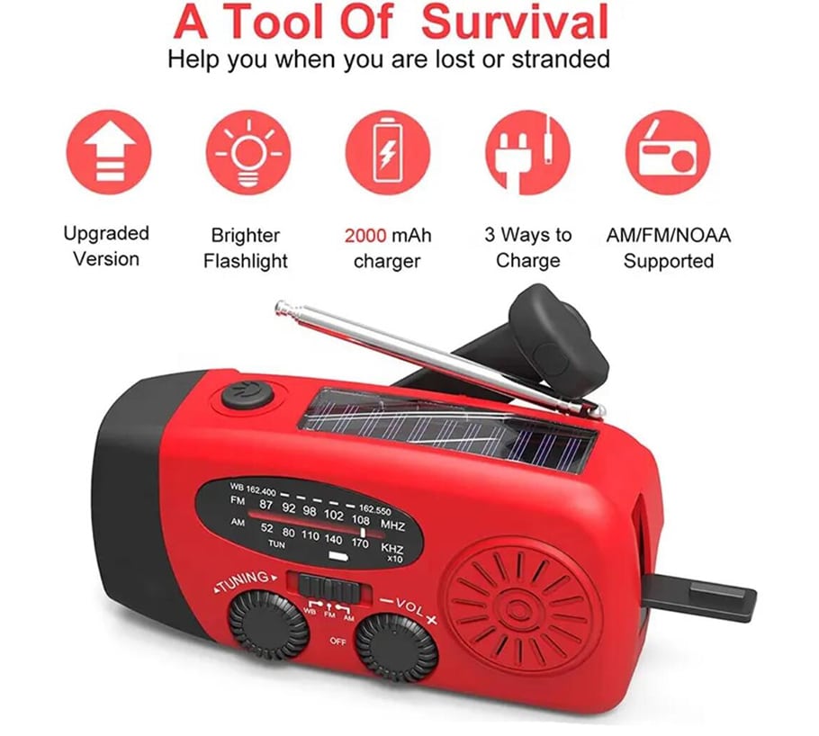 Emergency AM/FM Radio with Built-In Solar Panel, Flashlight, Power Bank & Hand Crank