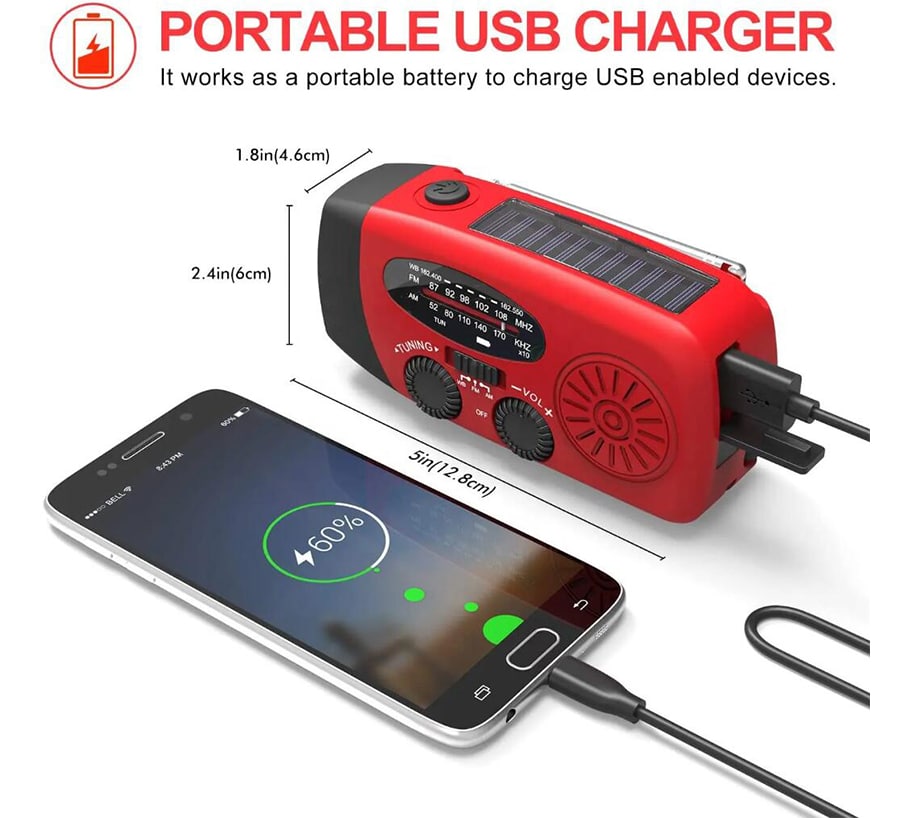 Emergency AM/FM Radio with Built-In Solar Panel, Flashlight, Power Bank & Hand Crank