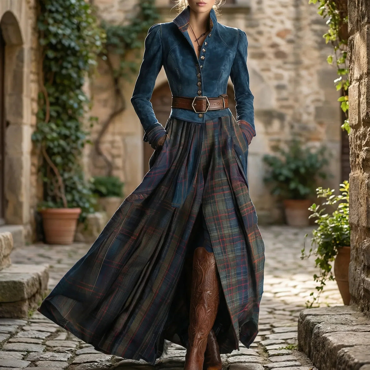 Fitted Maxi Dress with Plaid Skirt - Kristen