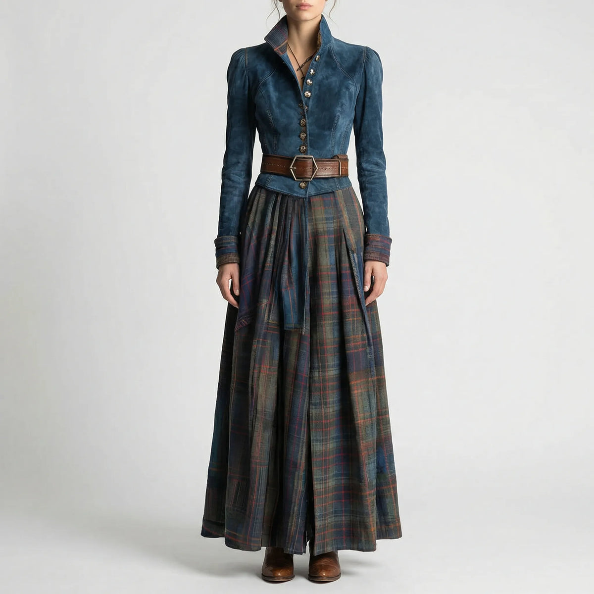 Fitted Maxi Dress with Plaid Skirt - Kristen