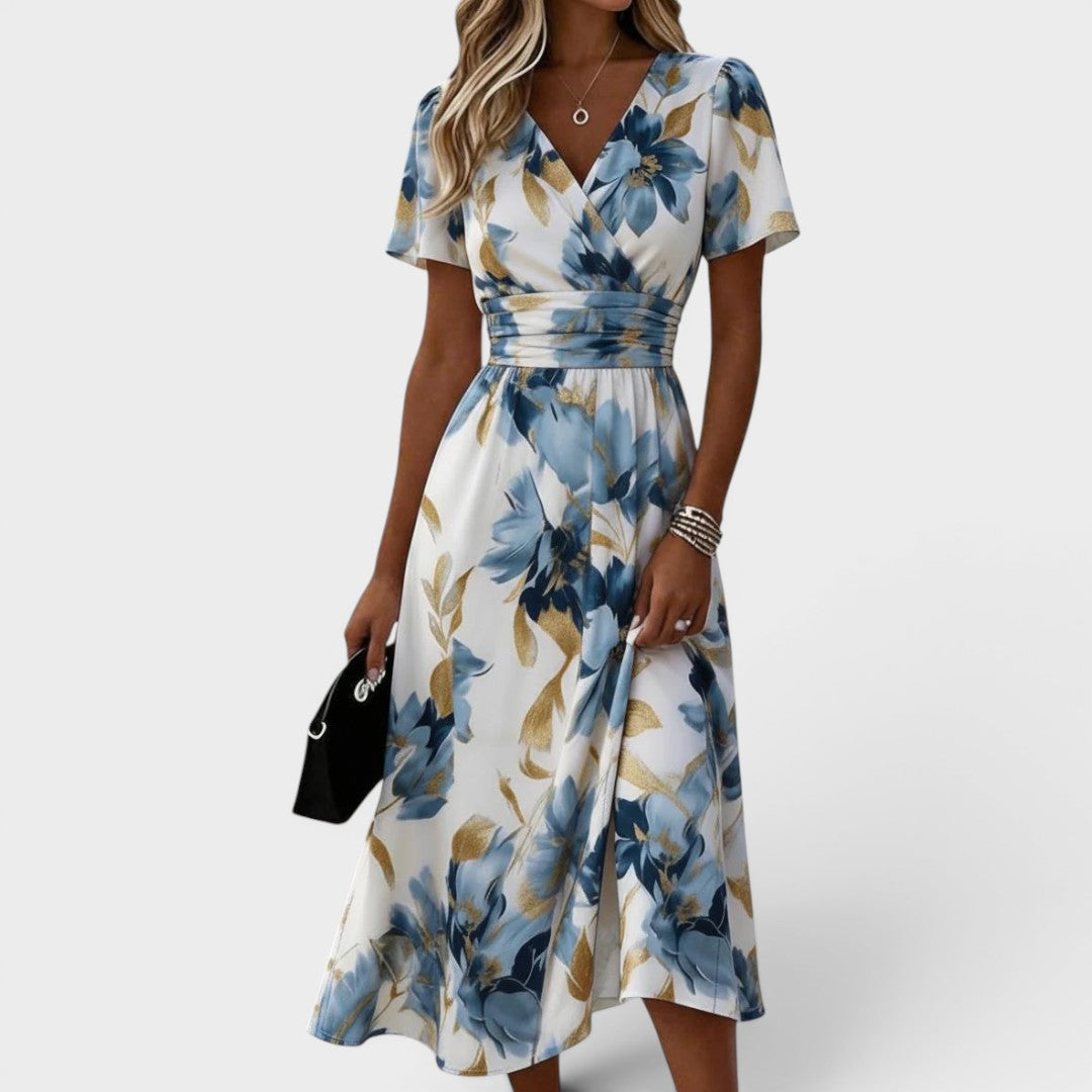 Floral Midi Dress with Gathered Waist and Gold Accents – Summer Wedding Guest Dress