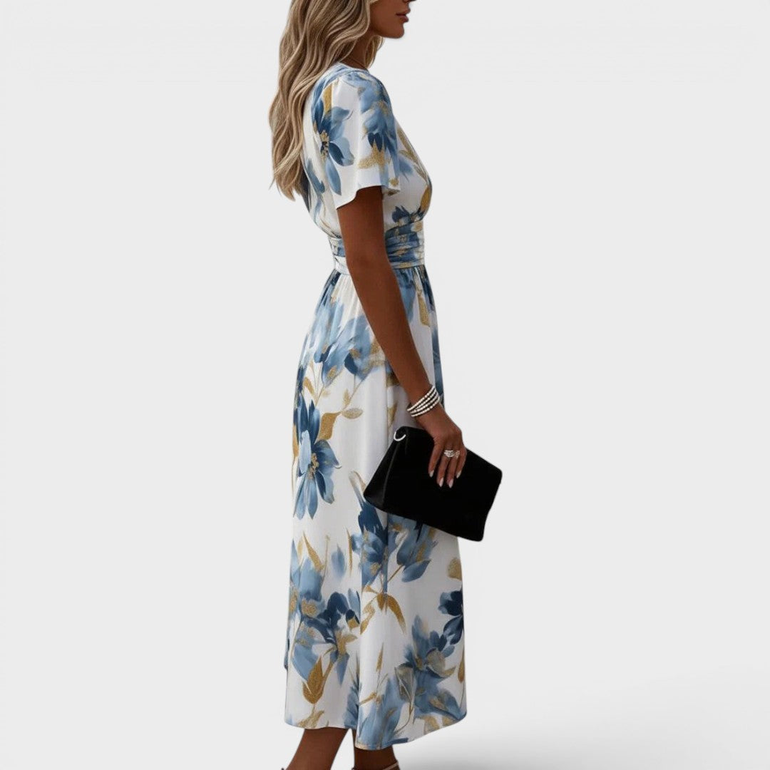 Floral Midi Dress with Gathered Waist and Gold Accents – Summer Wedding Guest Dress