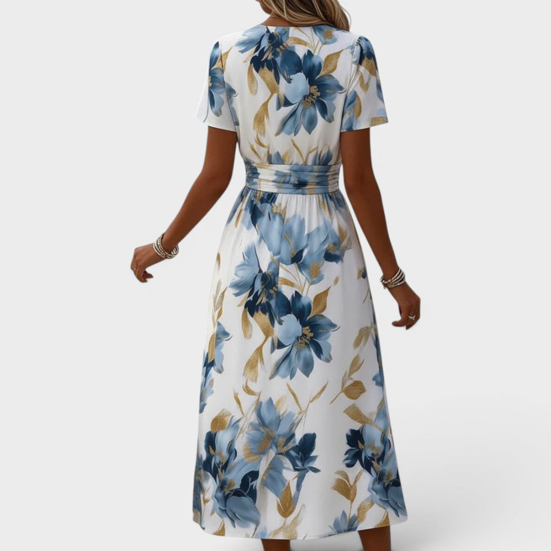 Floral Midi Dress with Gathered Waist and Gold Accents – Summer Wedding Guest Dress