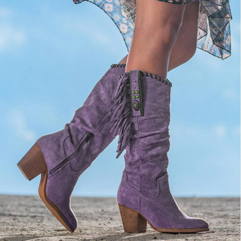 Fringe Western Knee-High Boots with Block Heel and Boho Details