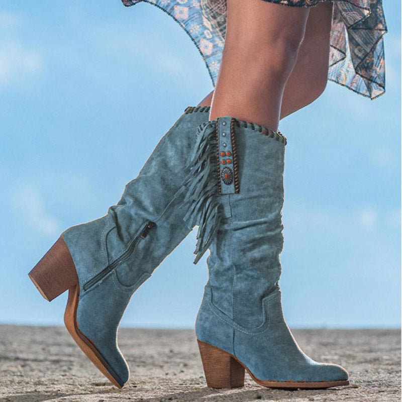 Fringe Western Knee-High Boots with Block Heel and Boho Details