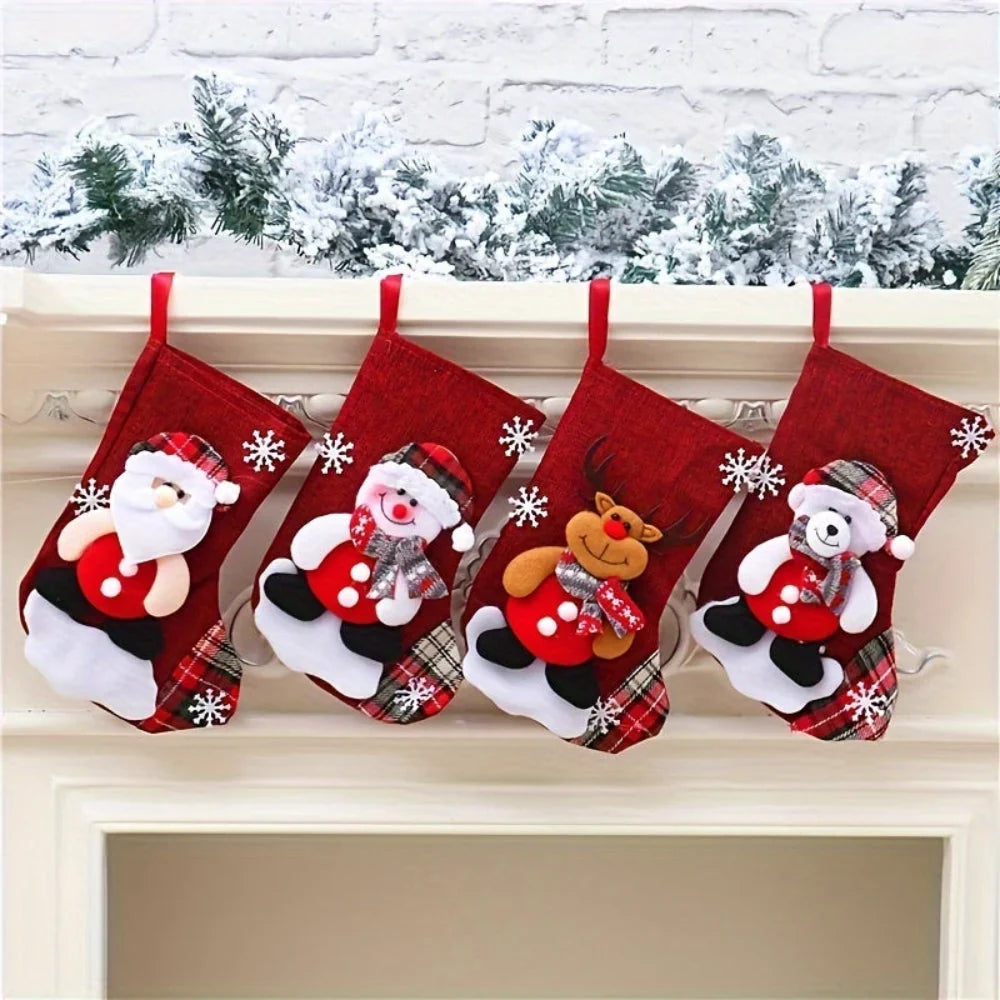 Hanging Polyester Christmas Stockings with Santa, Snowman, and Reindeer Designs – Set of 3 or 4 Pieces
