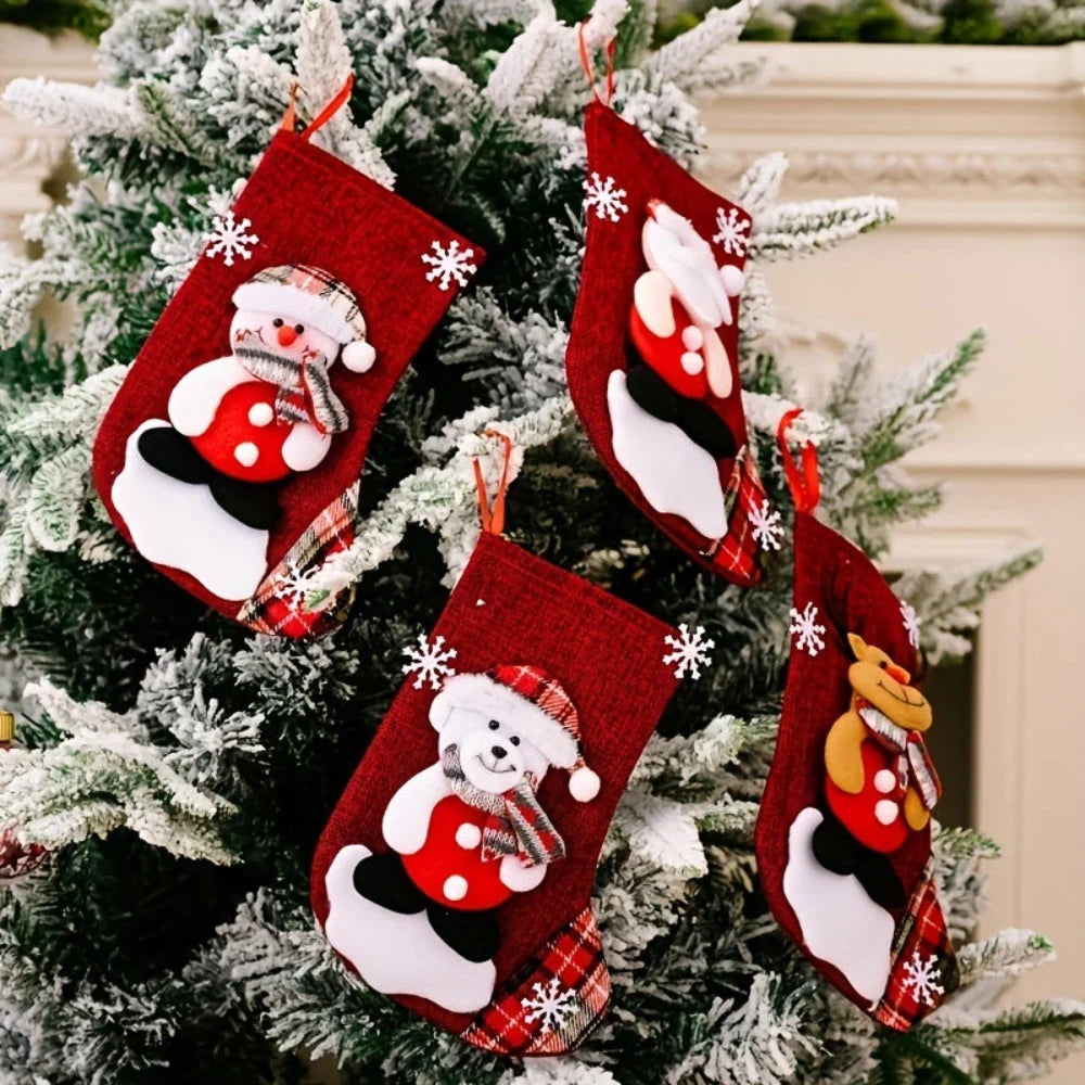 Hanging Polyester Christmas Stockings with Santa, Snowman, and Reindeer Designs – Set of 3 or 4 Pieces