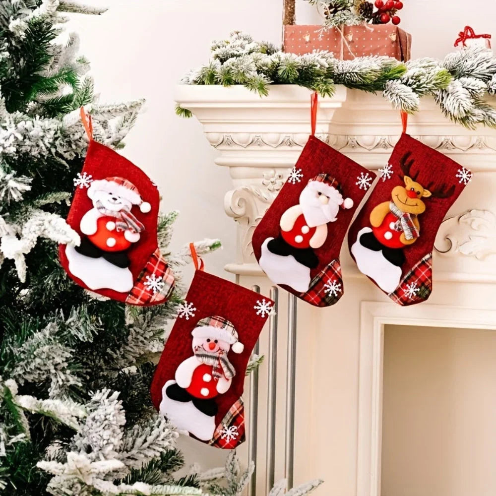 Hanging Polyester Christmas Stockings with Santa, Snowman, and Reindeer Designs – Set of 3 or 4 Pieces