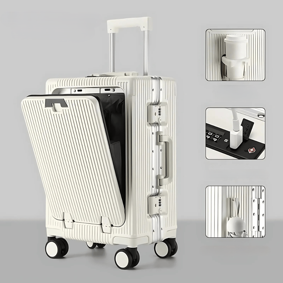 Hard-Shell Carry-On Suitcase with Aluminum Frame, Laptop Compartment & USB Ports
