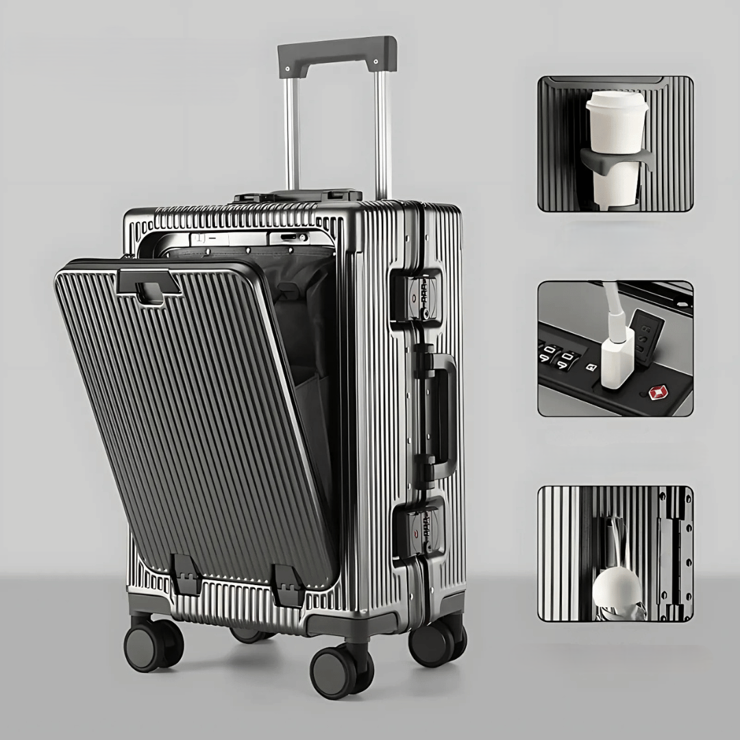 Hard-Shell Carry-On Suitcase with Aluminum Frame, Laptop Compartment & USB Ports
