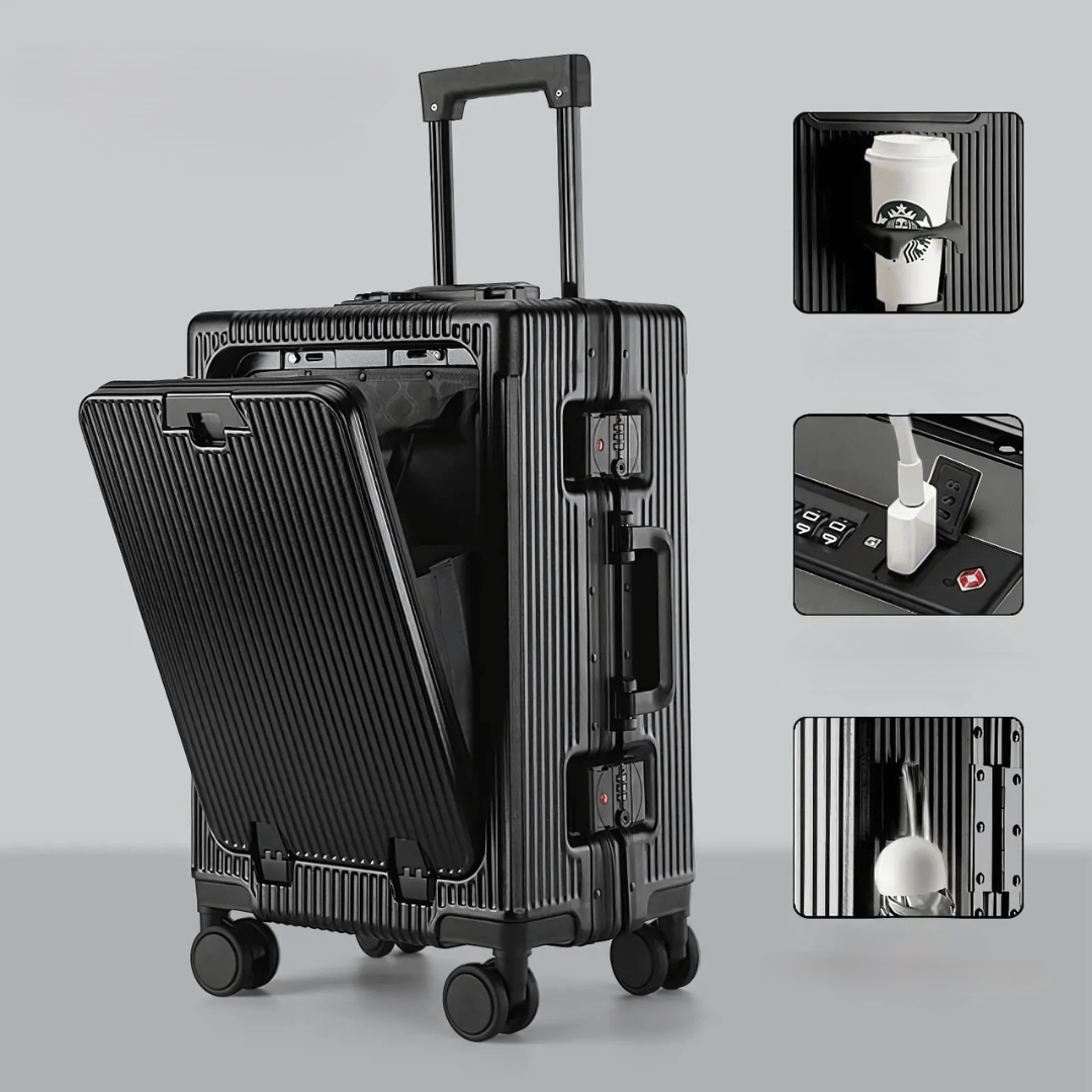 Hard-Shell Carry-On Suitcase with Aluminum Frame, Laptop Compartment & USB Ports