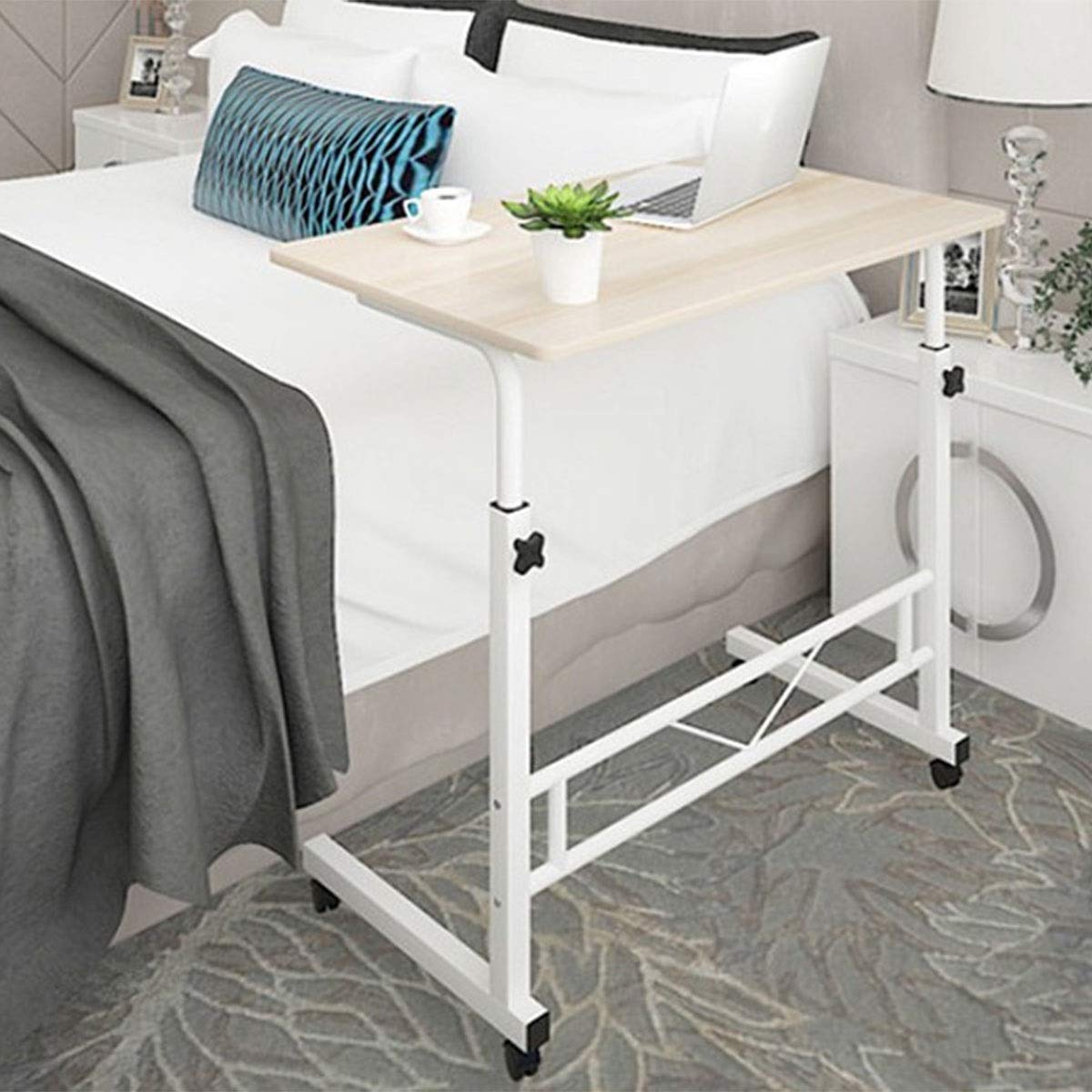 Height-Adjustable Mobile Laptop Desk on Wheels with Wood Top and White Steel Frame
