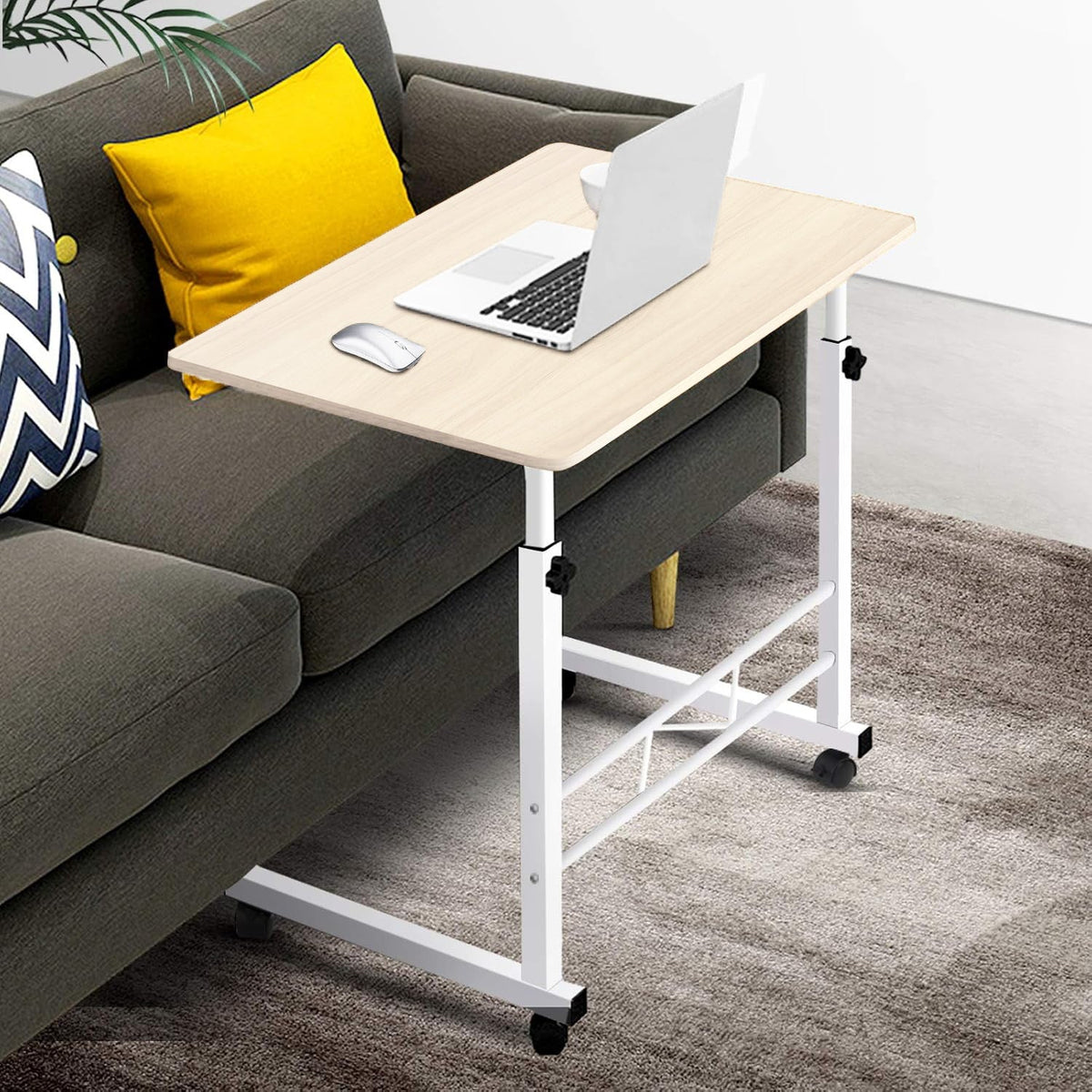 Height-Adjustable Mobile Laptop Desk on Wheels with Wood Top and White Steel Frame