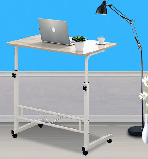 Height-Adjustable Mobile Laptop Desk on Wheels with Wood Top and White Steel Frame