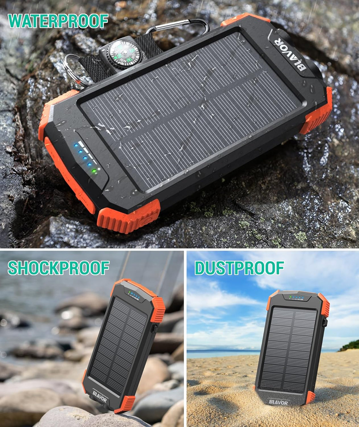 IPX4 Solar Power Bank Emergency Battery