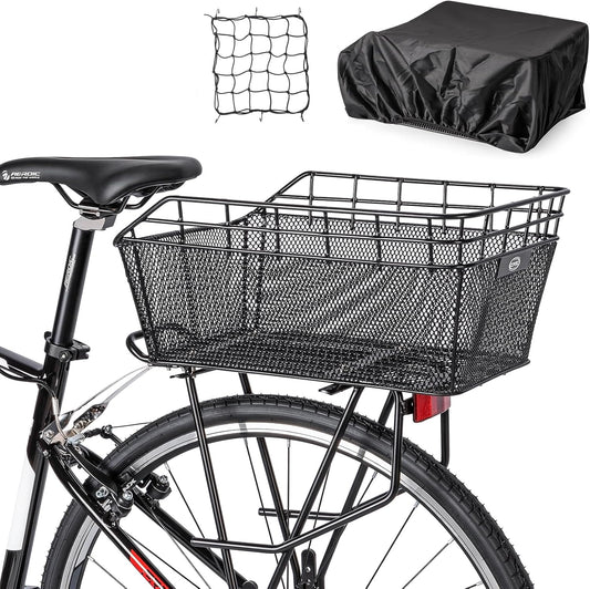 Large Rear Bike Basket with Cargo Net and Waterproof Cover