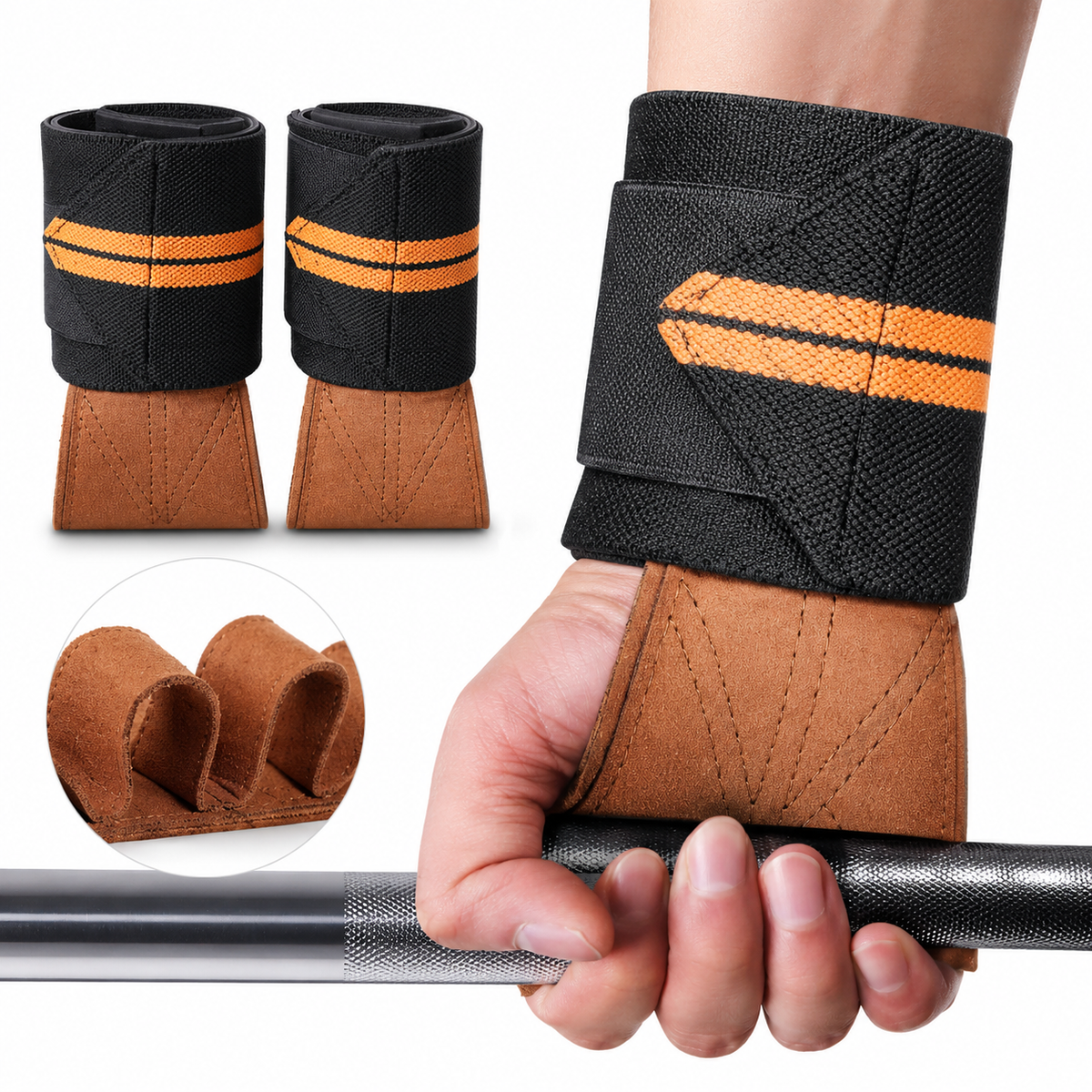 Leather Palm Wrist Support Lifting Grips with Thumb Loop and Reinforced Strap