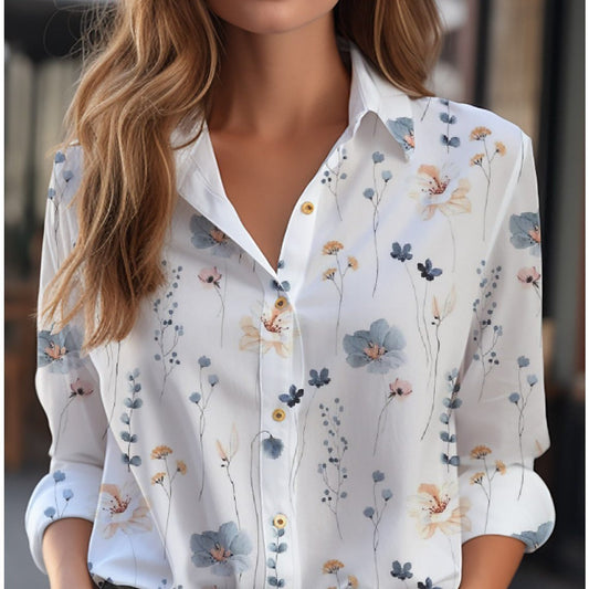 Loose Floral Print Long-Sleeve Button-Down Blouse