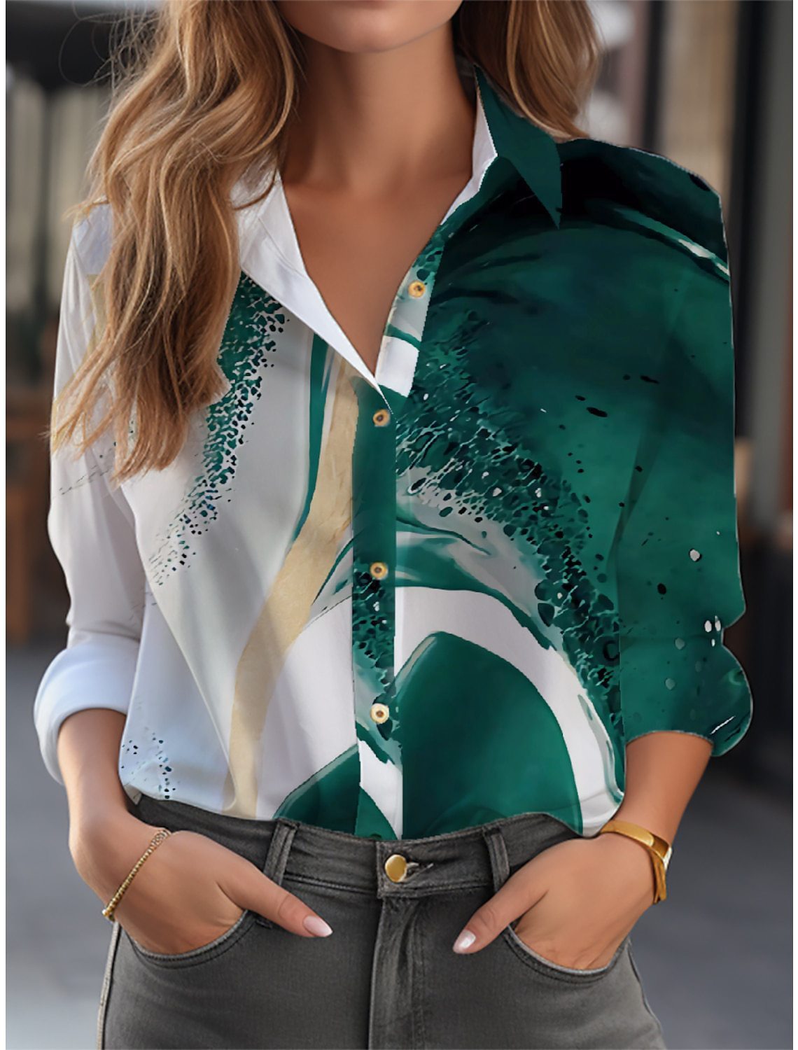 Loose Floral Print Long-Sleeve Button-Down Blouse