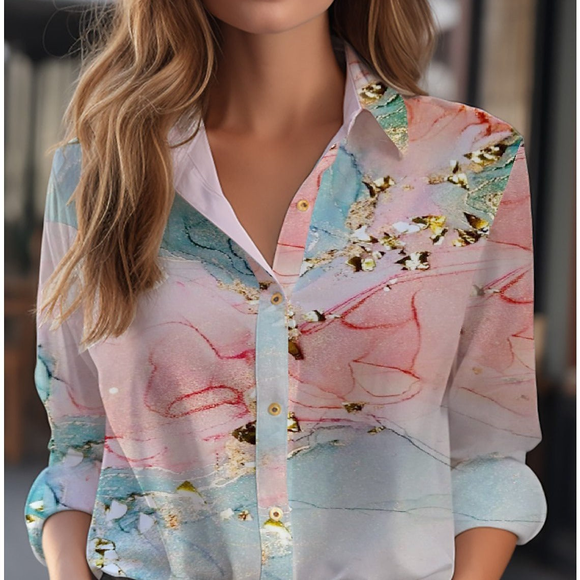 Loose Floral Print Long-Sleeve Button-Down Blouse