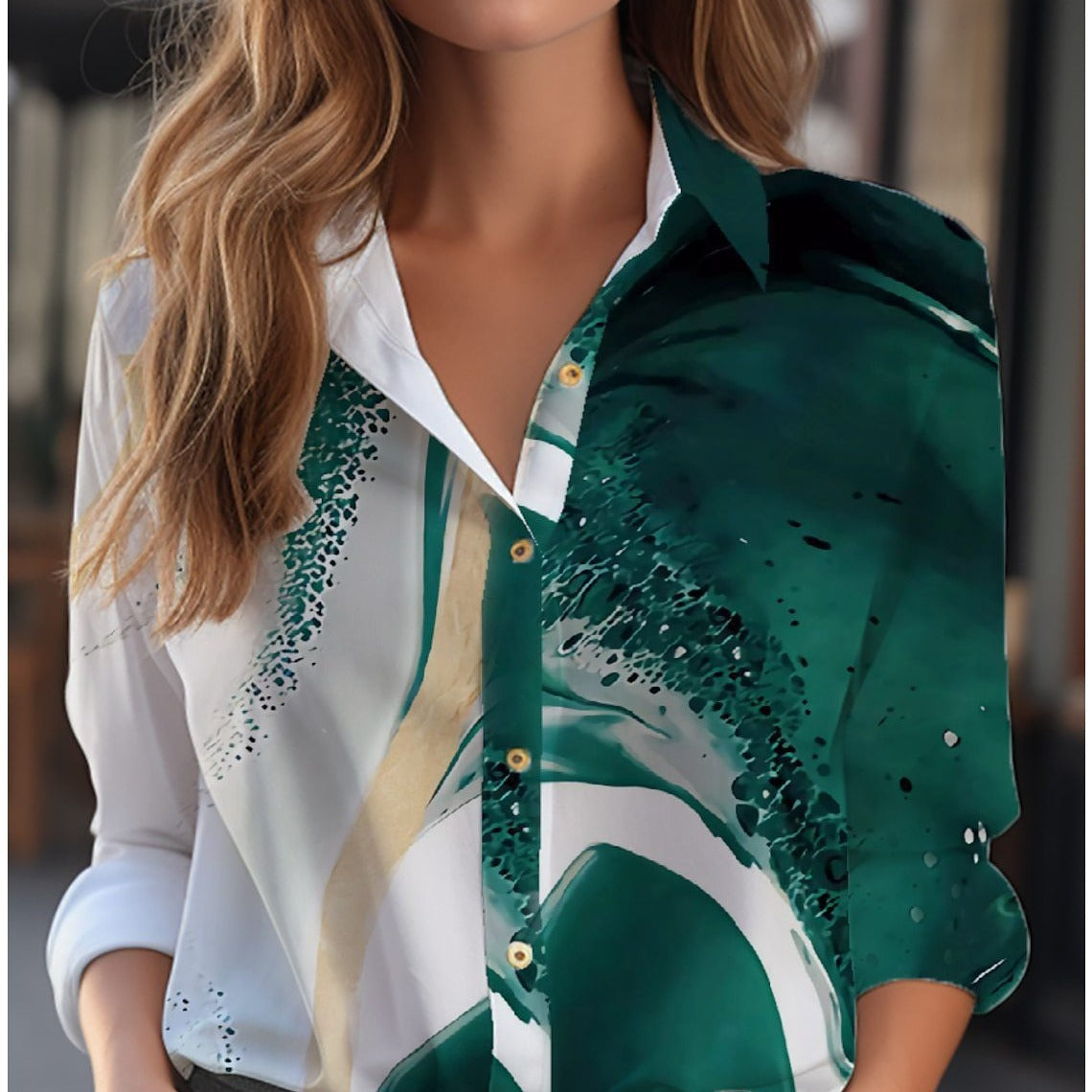 Loose Floral Print Long-Sleeve Button-Down Blouse